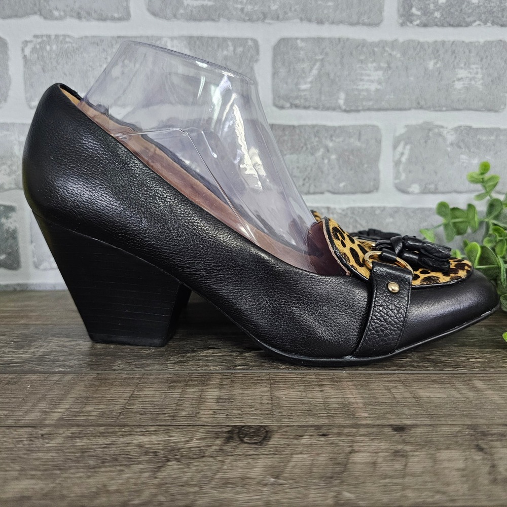 Sofft Black Leather Leopard Cow Hair Horsebit Tassel Block Heel Pumps 10M CCEE15 - Picture 2 of 9
